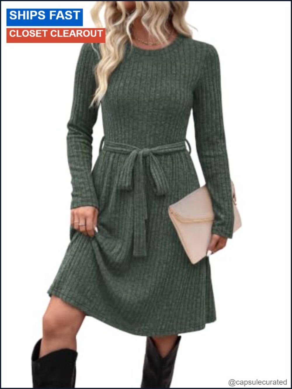 Women's Long Sleeve Sweater Dress with Pockets Crew Neck Midi A-Line Sash